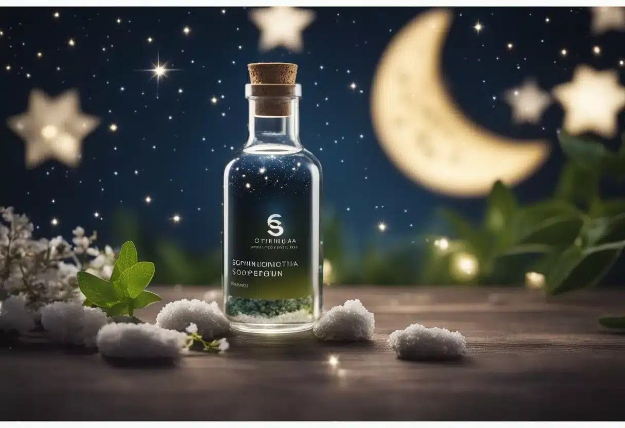 A serene night scene with a bottle of withania somnífera supplement surrounded by calming elements like stars, moon, and a sleeping animal