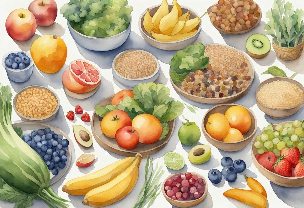A variety of foods arranged on a table, including fruits, vegetables, and whole grains, with a focus on low-glycemic options