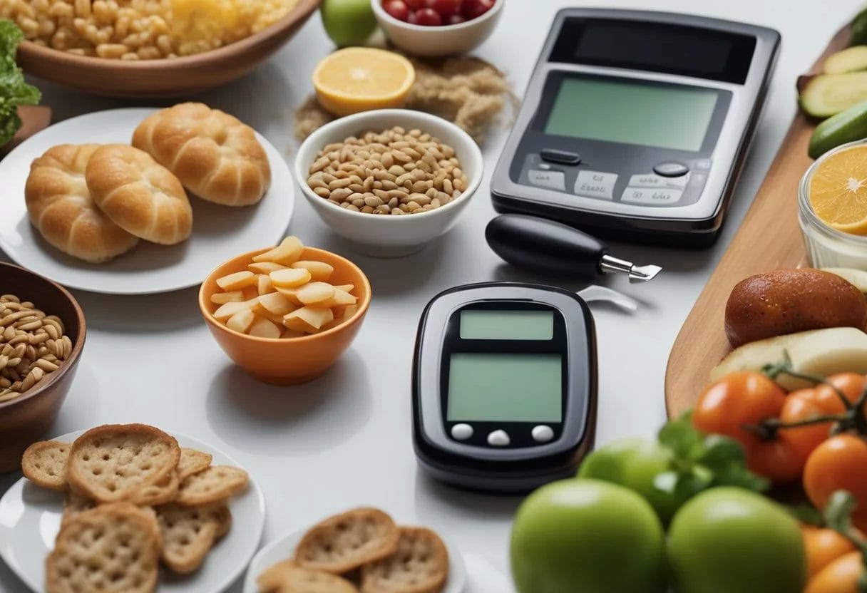 A table with various food items, a blood glucose monitor, and a researcher taking measurements for glycemic index testing