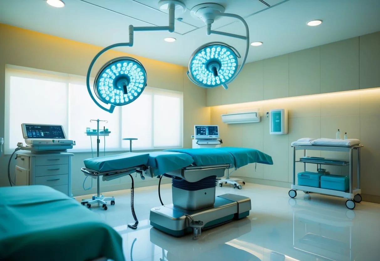 image - Preventive Medicine Daily A serene spa-like setting with a sleek, modern surgical table and equipment, surrounded by soft lighting and calming colors