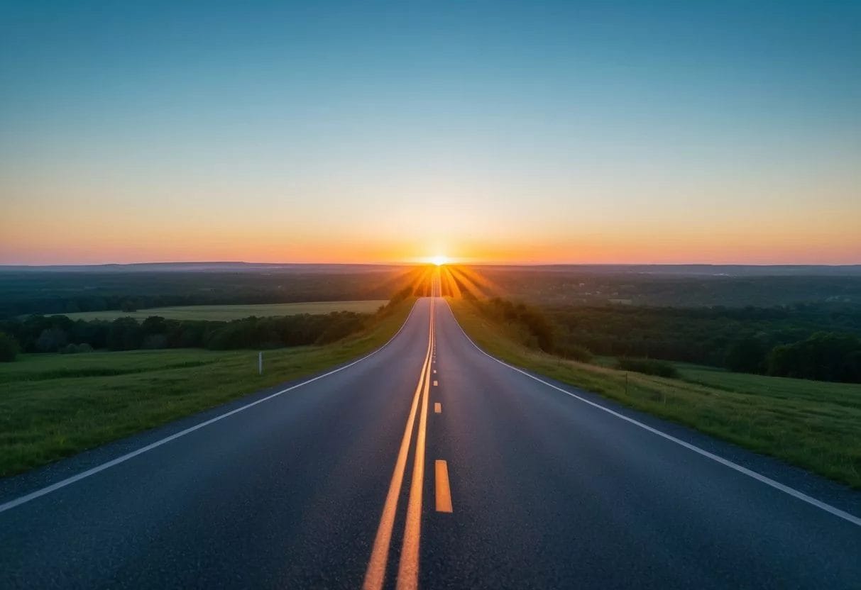 A serene landscape with a winding road leading towards a glowing horizon, symbolizing the journey of addiction recovery