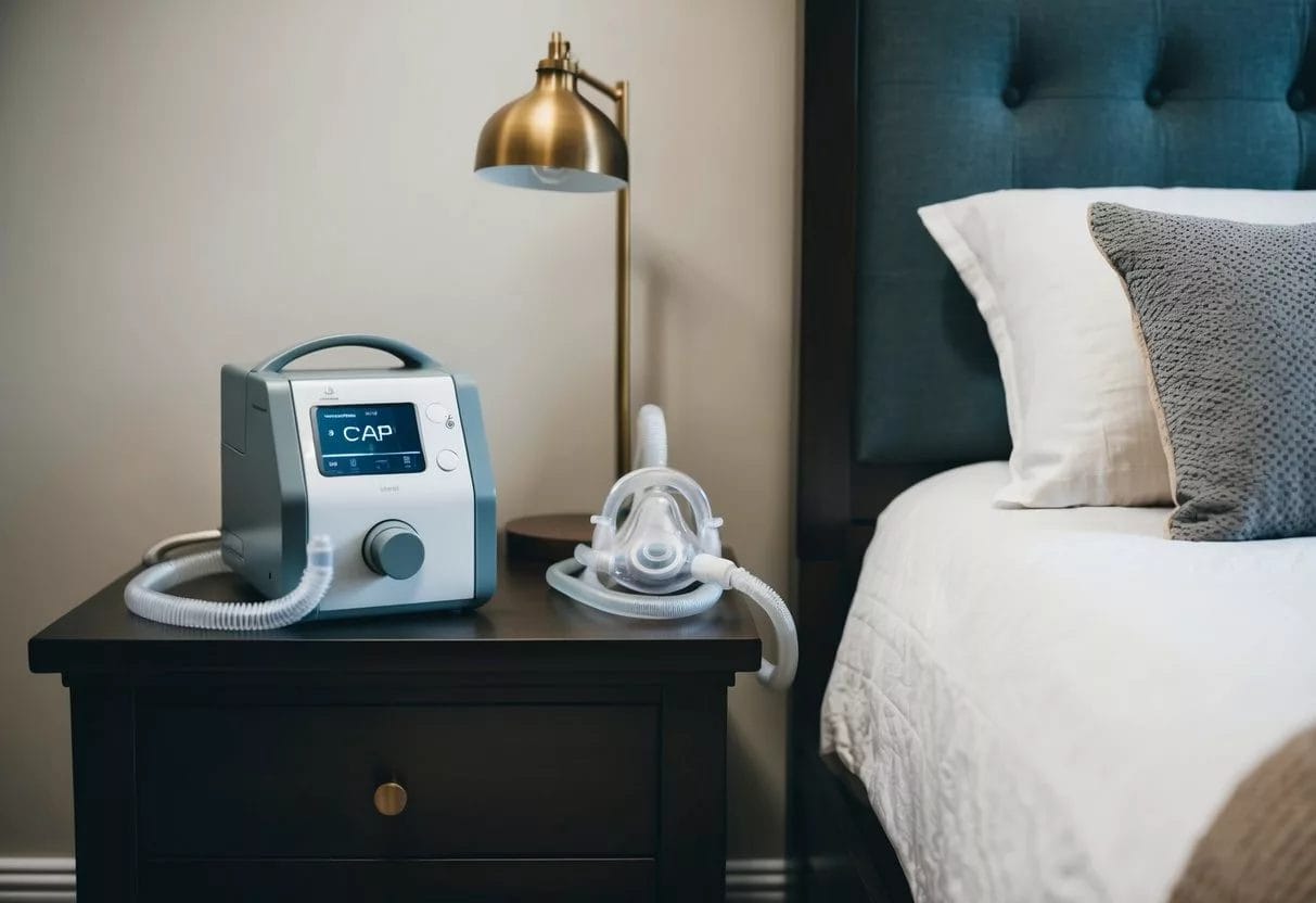 A bedside table with a CPAP machine, mask, and tubing. A comfortable bed with pillows and a cozy blanket