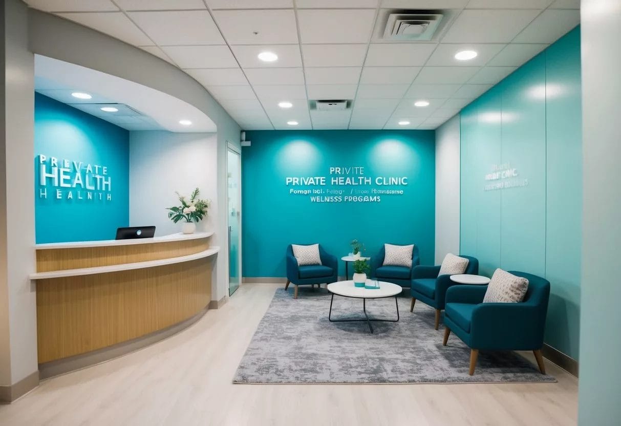 A bright, modern private health clinic offers preventive and wellness programs. The clinic is clean and inviting, with comfortable seating and a reception desk