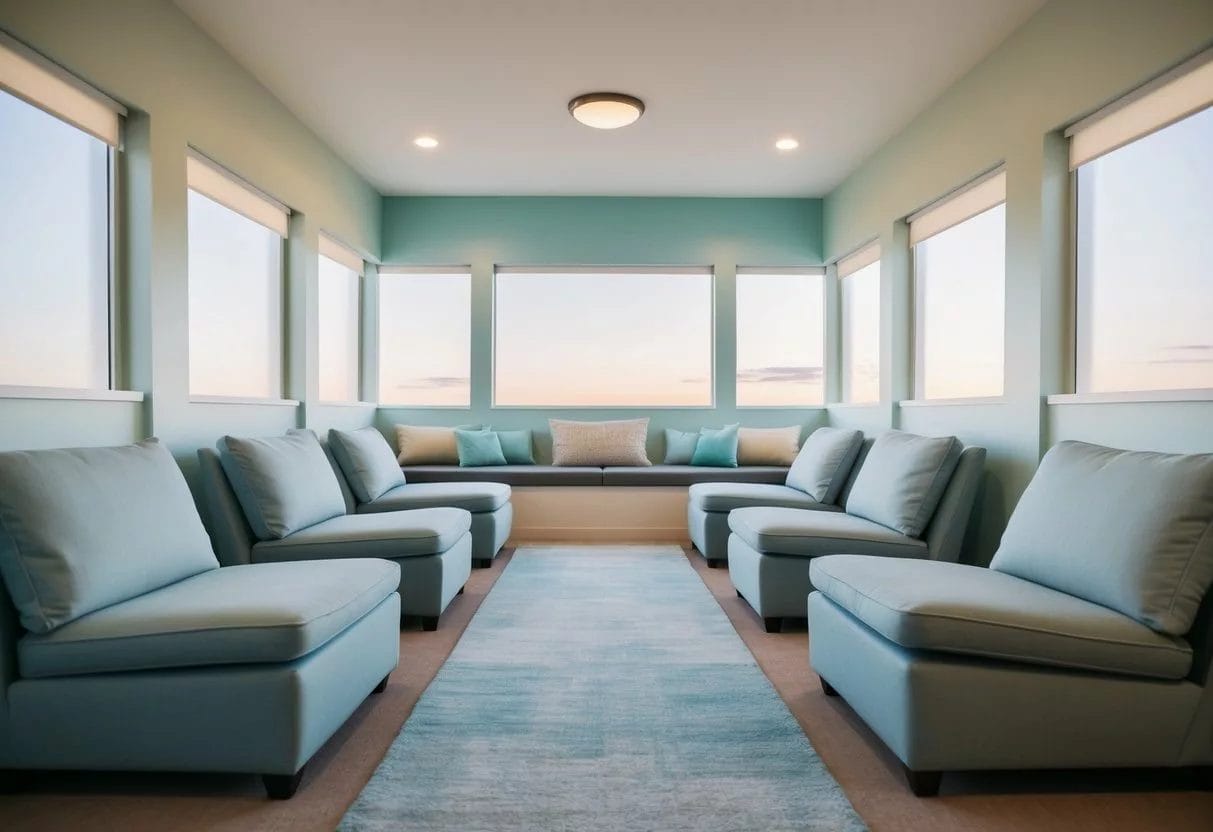 A serene, peaceful room with comfortable seating, soft lighting, and soothing colors. A sense of calm and tranquility permeates the space, creating a welcoming environment for individuals seeking detox programs
