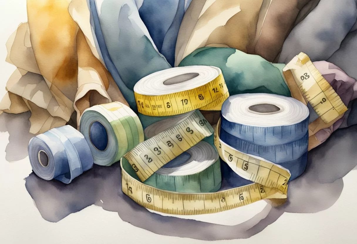 A tape measure wrapped around a shrinking waistline, with a pile of discarded oversized clothes in the background