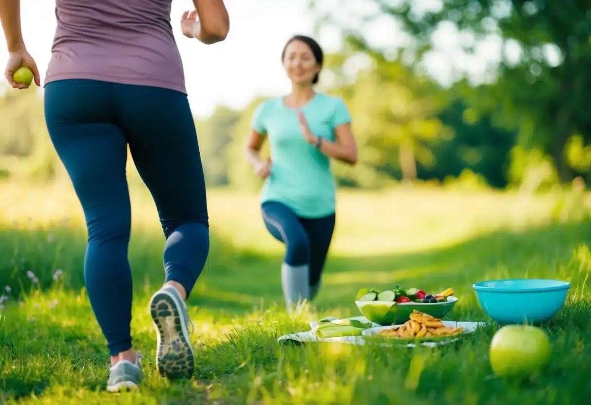 A serene nature scene with a person engaging in physical activity such as walking or yoga, surrounded by healthy food options and a supportive social network