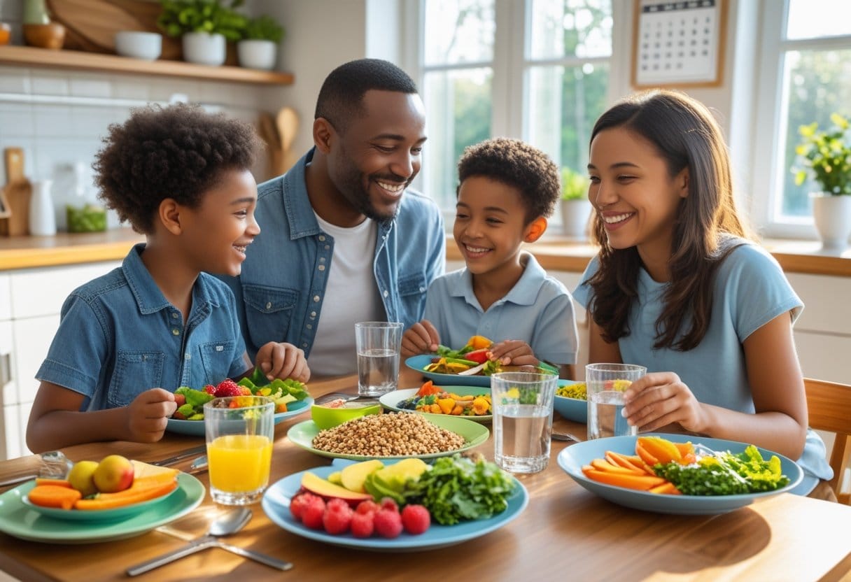 A family of four sitting at a kitchen table enjoying healthy meals and snacks together.