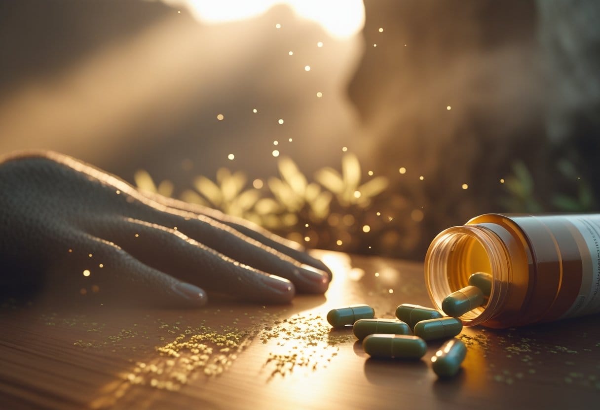 A close-up scene showing a person with natural skin texture near a wooden table with spilled capsules from a pill bottle, illuminated by warm golden-hour light with soft mist and long shadows.