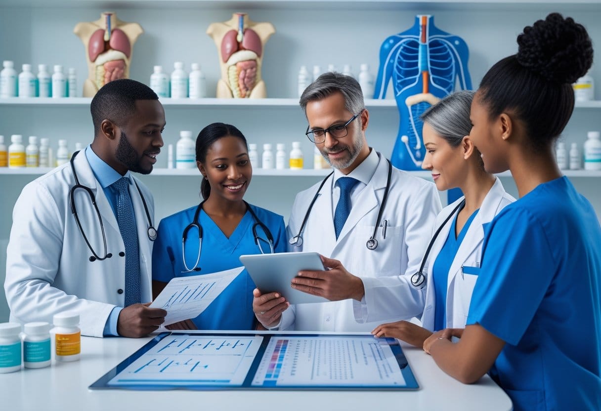 Healthcare professionals discussing medical charts and digital tablets in a clinical setting with pharmaceutical products and anatomical models in the background.