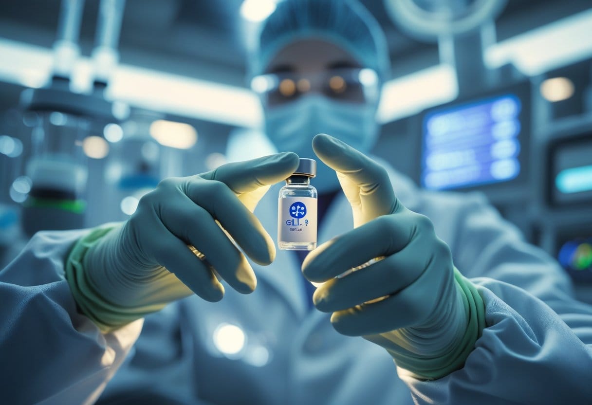 A scientist holding a vial of GLP-1 medication in a futuristic medical laboratory with advanced equipment in the background.