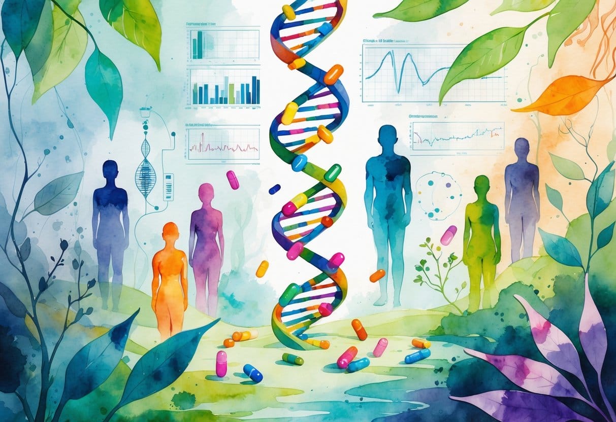 A laboratory scene showing a DNA helix intertwined with medication capsules, surrounded by diverse human figures and futuristic medical elements.