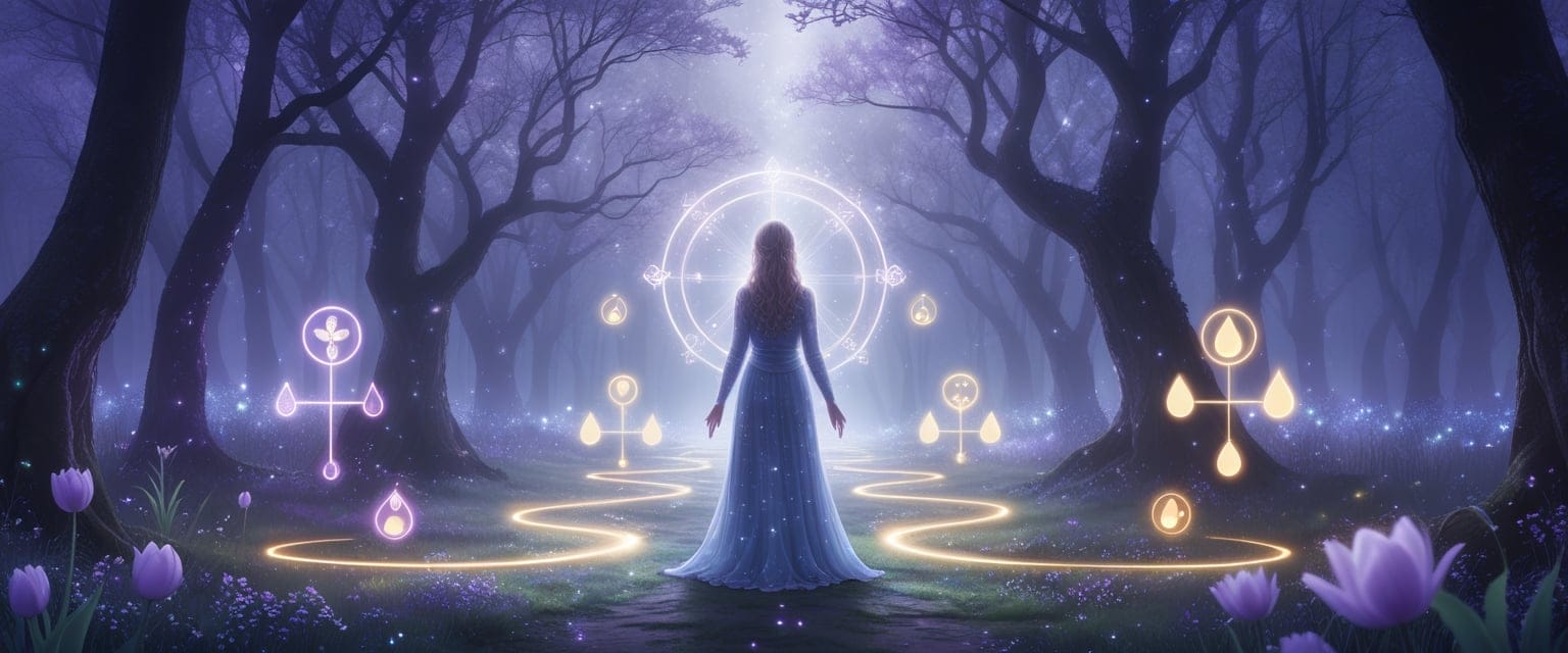 A glowing woman stands at a forest crossroads with two illuminated paths, surrounded by floating symbols representing hormones and medical tests.