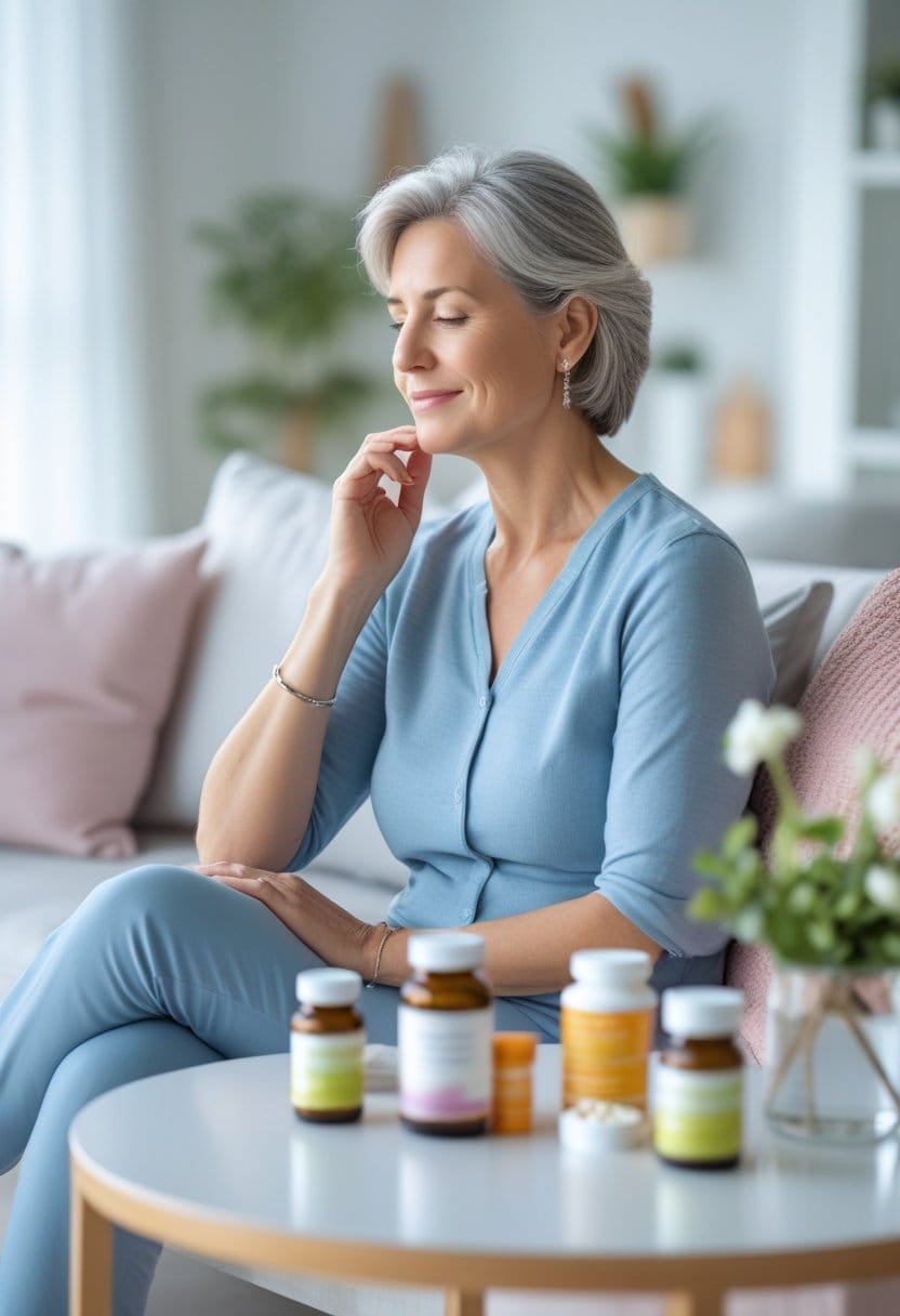 A middle-aged woman sitting in a bright living room, looking thoughtful with supplement bottles and medication on a nearby table.
