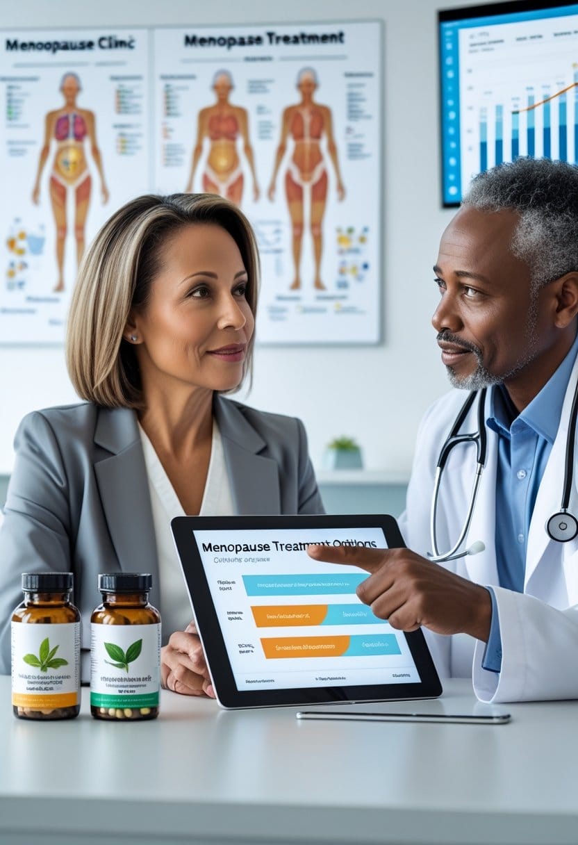 A middle-aged woman consulting with a healthcare professional in a clinic, discussing menopause treatment options with supplement and prescription medication bottles on the table.