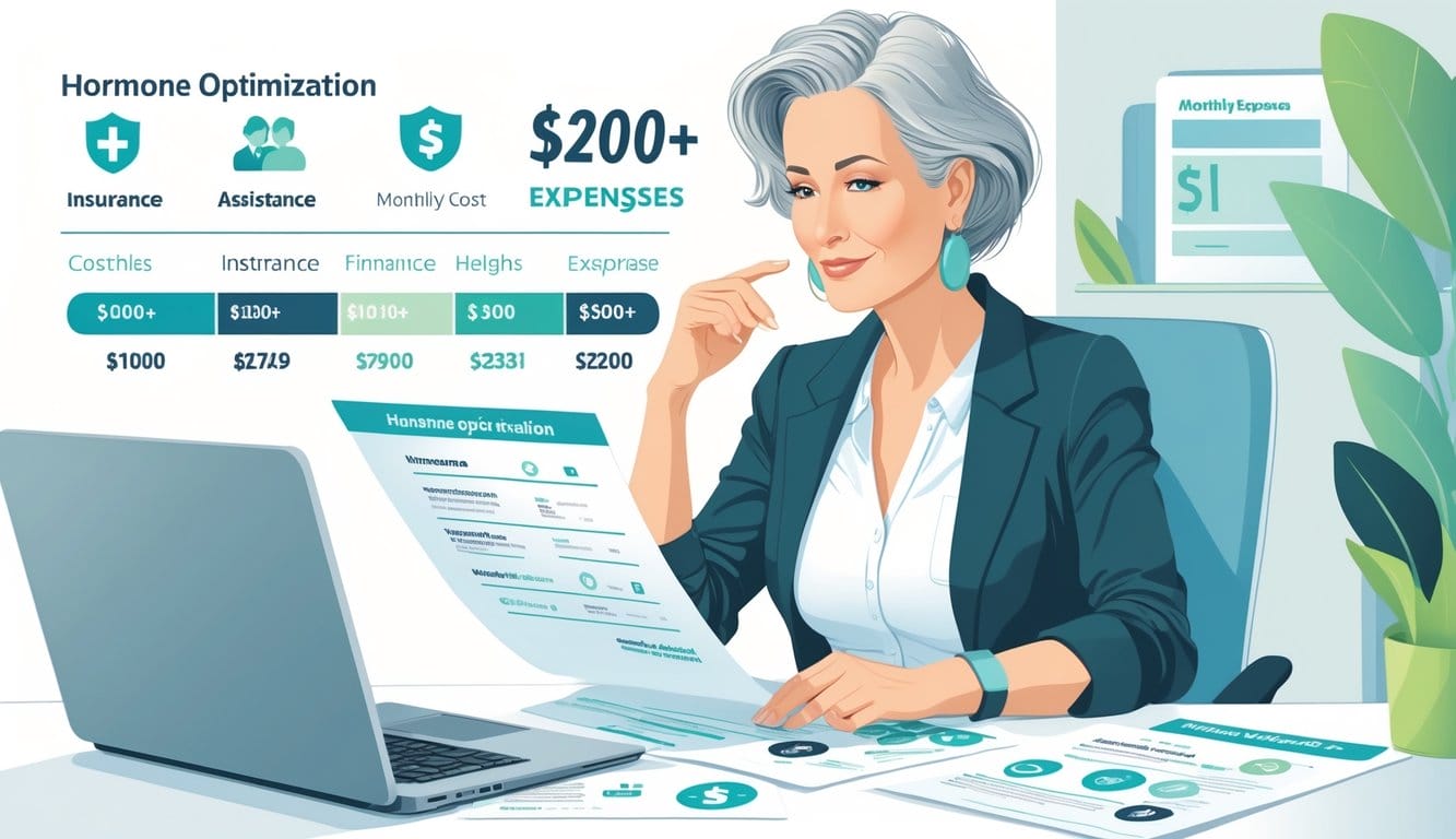 A mature woman over 50 reviewing financial documents and a laptop in a home office, surrounded by icons representing insurance, financial assistance, and medical expenses.