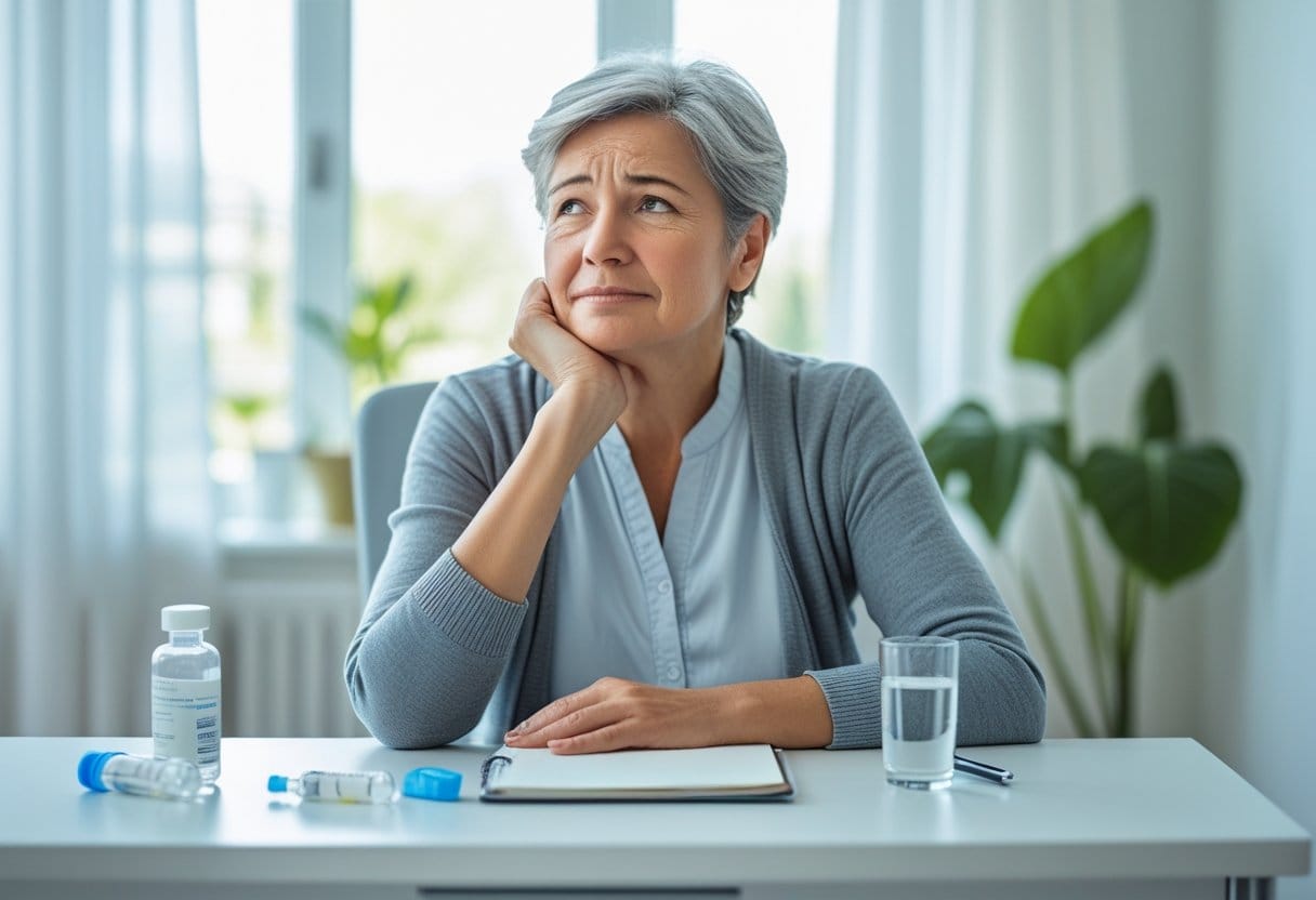 A middle-aged person sitting thoughtfully at a desk with medical items, looking calm and reflective in a bright room.