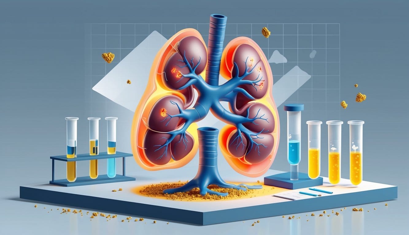 An isometric view of a human body highlighting the kidneys and other organs with visual signs of damage, surrounded by symbolic lead particles and laboratory testing equipment.