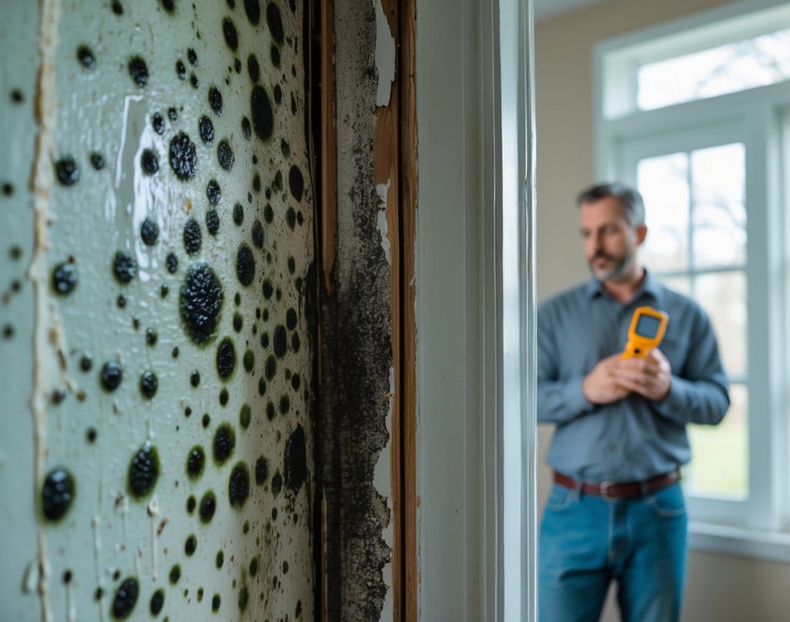 Close-up of water-damaged wall corner with early mold growth and a concerned homeowner inspecting the damage with a moisture meter.