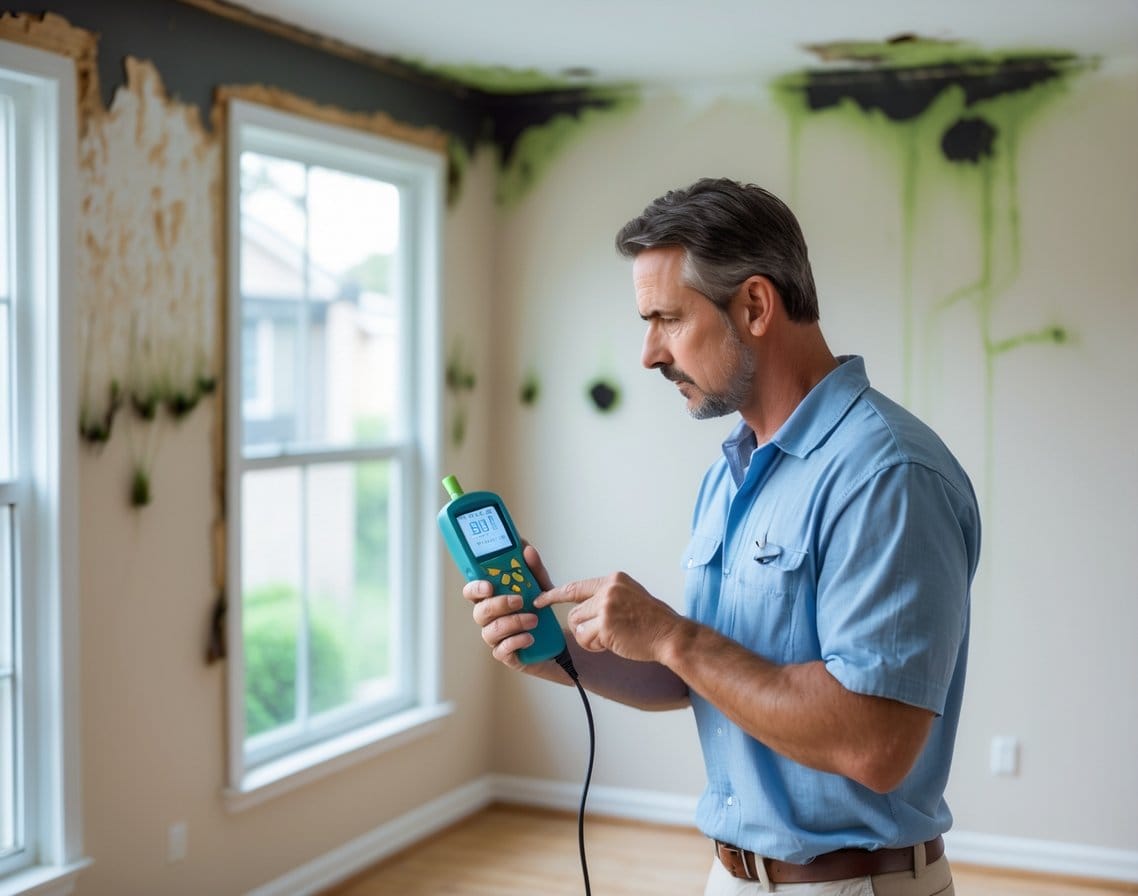 A homeowner inspects water-damaged walls with visible mold growth in a living room.