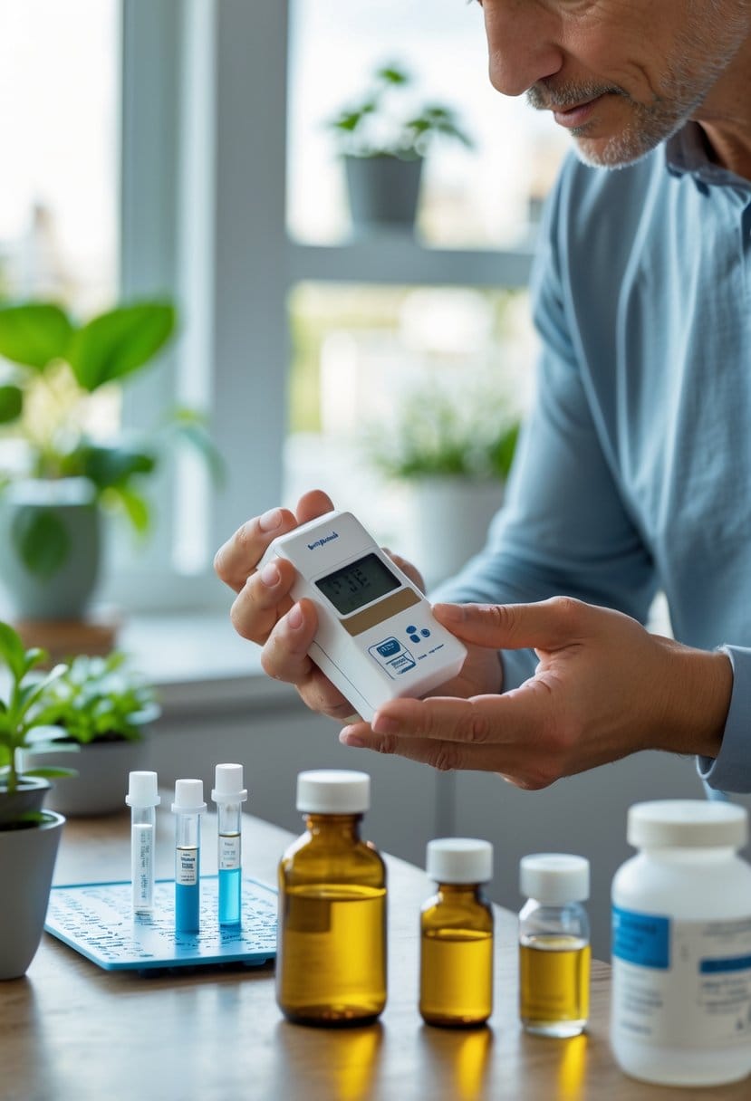 An adult carefully examining a home toxin testing kit in a bright, clean kitchen setting with testing materials on the table.