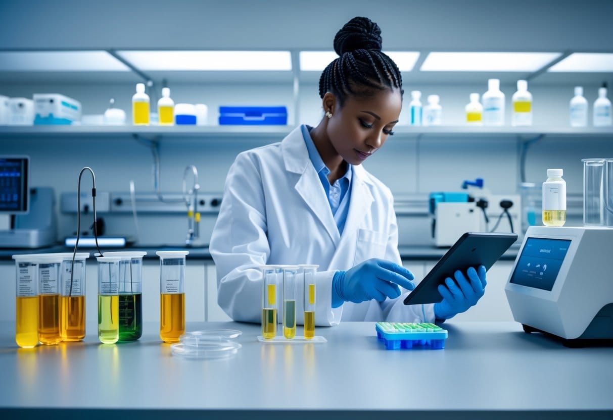 A healthcare professional in a lab coat working with medical testing equipment in a clean laboratory setting.
