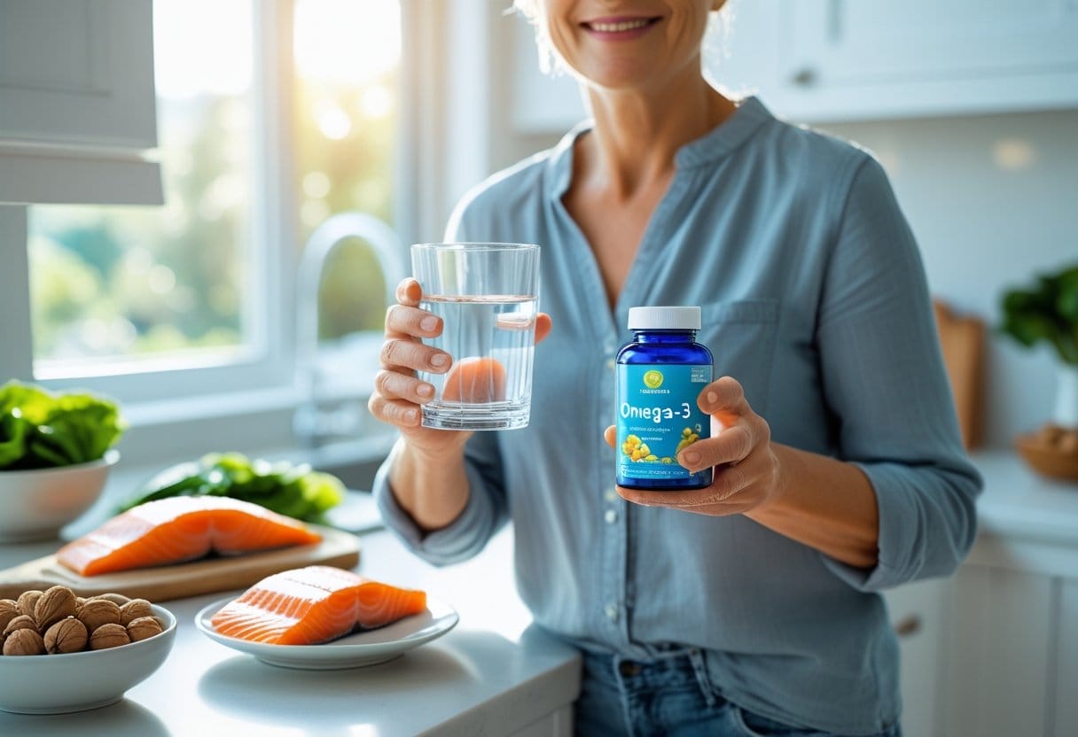 A smiling middle-aged person holding a glass of water and omega-3 capsules in a bright kitchen with fresh salmon and vegetables on the counter.