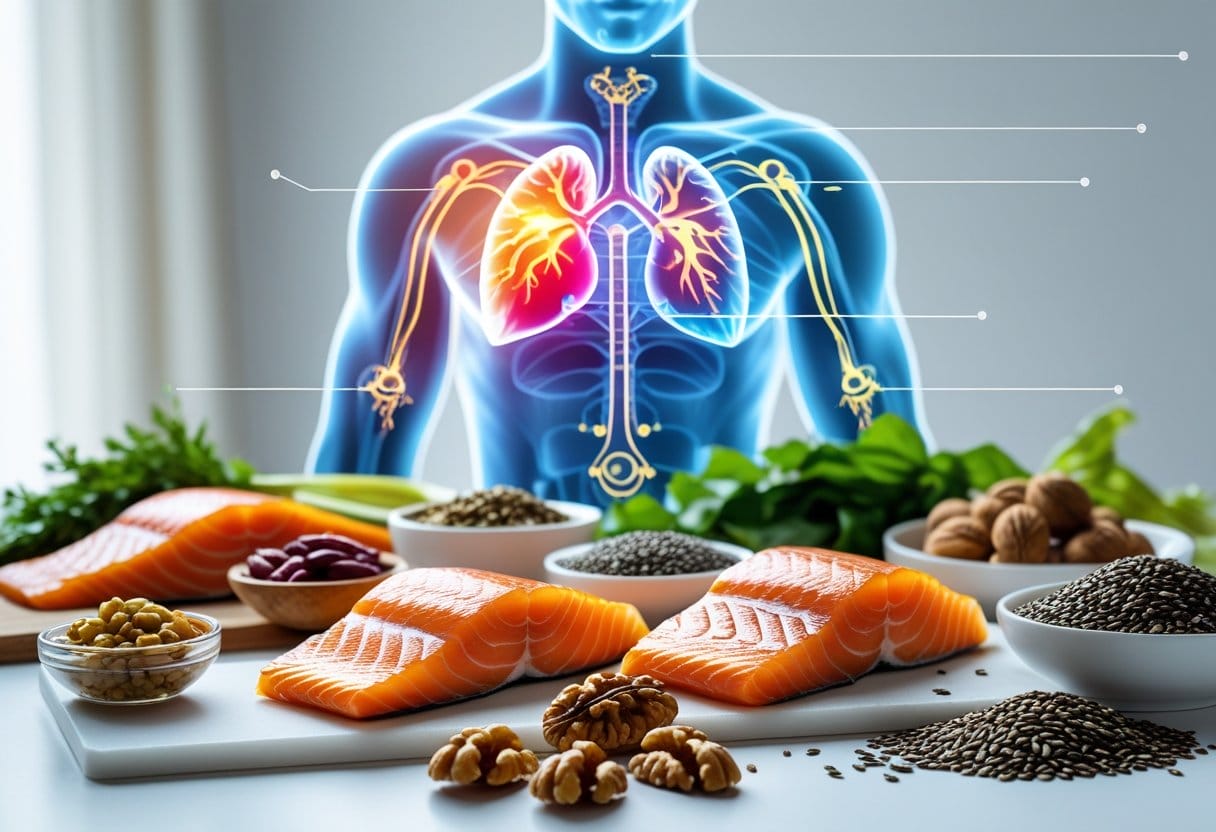 A selection of Omega-3 rich foods displayed next to a glowing human silhouette highlighting areas like the heart and brain.