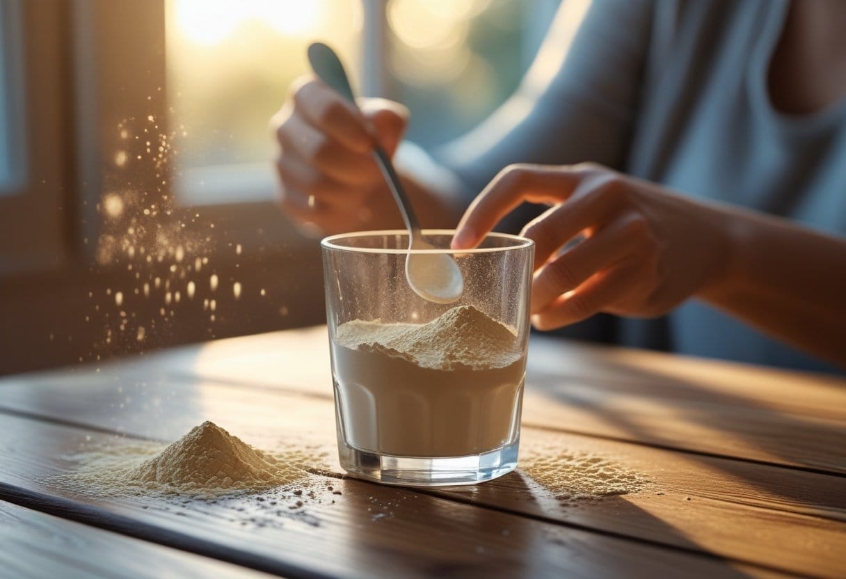 A close-up of a glass of Metamucil powder dissolving in water on a wooden table, with a hand holding a spoon in the background.