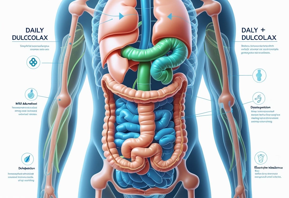 A detailed illustration of a human torso showing the digestive system with highlights on the intestines and visual indicators of increased bowel activity and mild side effects.