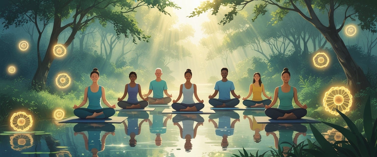 People practicing meditation, deep breathing, and yoga outdoors surrounded by representations of DNA strands and glowing cellular structures symbolizing health and longevity.