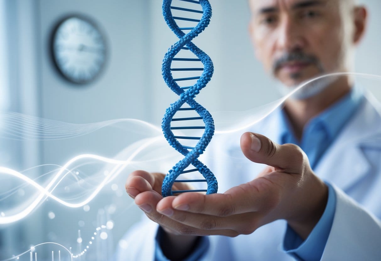 A close-up of a hand holding a 3D DNA model with frayed ends, symbolizing telomere shortening, with blurred clocks in the background representing aging and stress.