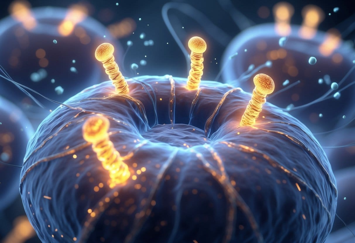 Close-up view of a human cell nucleus showing DNA strands with glowing telomere caps and gene therapy molecules interacting around them.