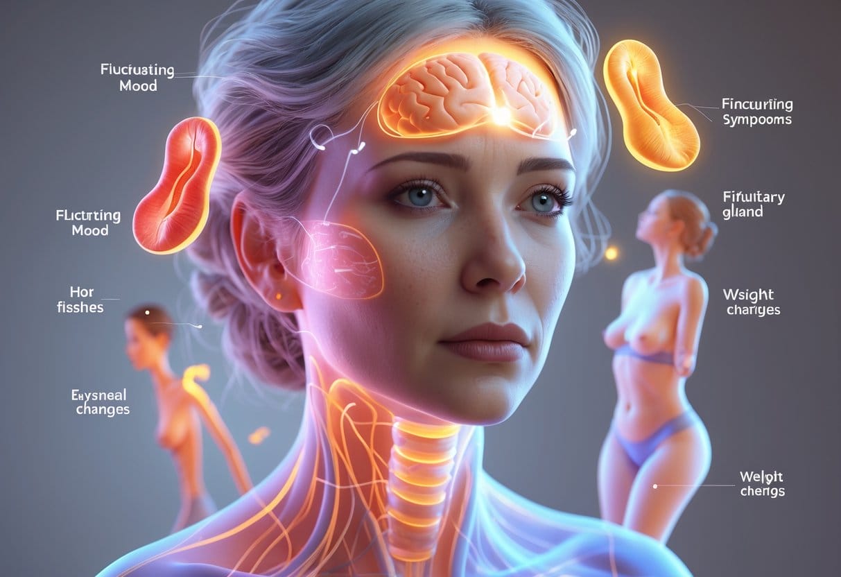 A middle-aged woman surrounded by transparent overlays of endocrine glands and visual symbols representing symptoms of hormonal imbalance after 40.