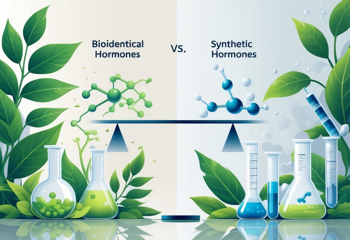 A balanced illustration showing natural elements and molecular structures on one side representing bioidentical hormones, and lab equipment with chemical structures on the other side representing synthetic hormones, connected by a subtle balance scale.