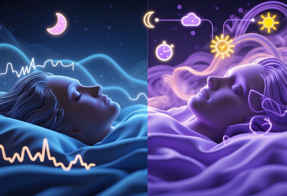 A 3D image showing two halves: one side depicts a person in deep, calm sleep surrounded by gentle blue waves and a slow heartbeat, the other side shows the same person in active REM sleep with colorful swirling patterns and dream-like shapes around them, with icons representing factors like stress, light, and circadian rhythm between the two.