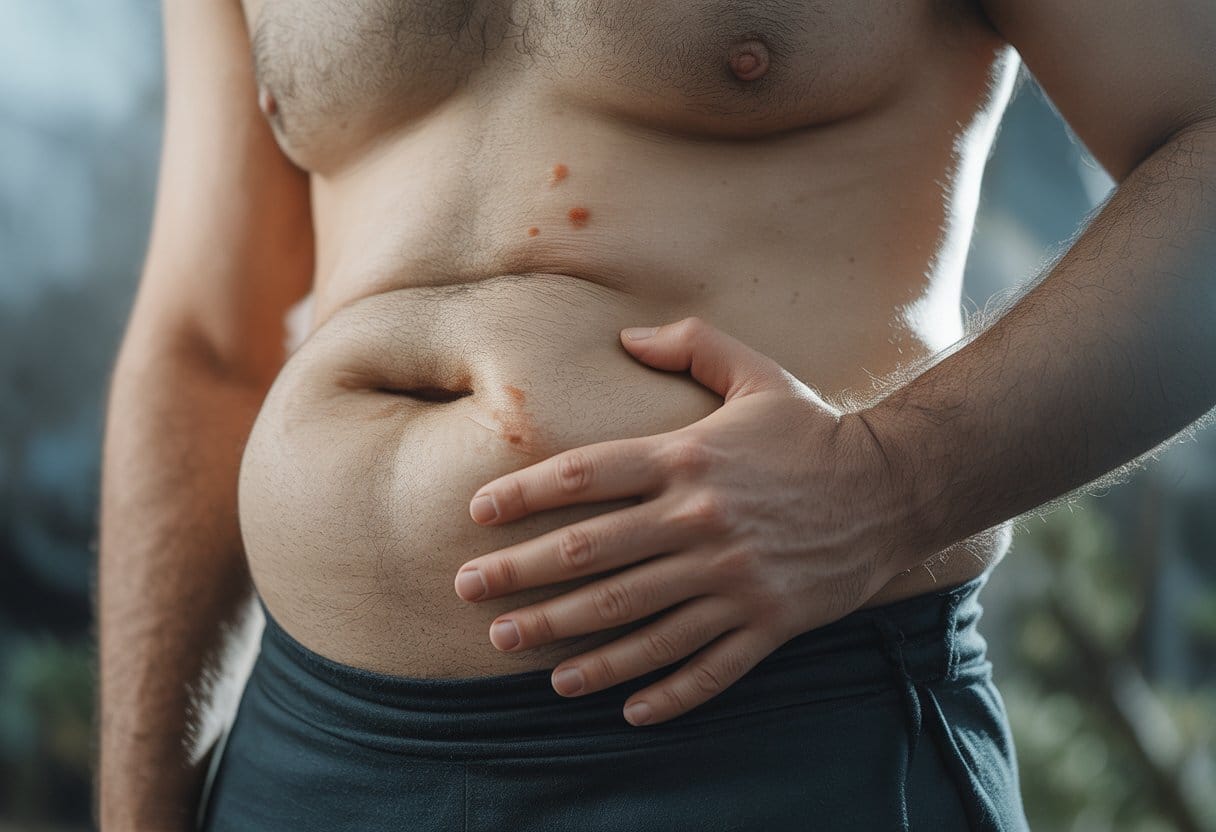 Close-up of a person’s midsection and face showing signs of stress and weight gain, with a hand resting on the abdomen.