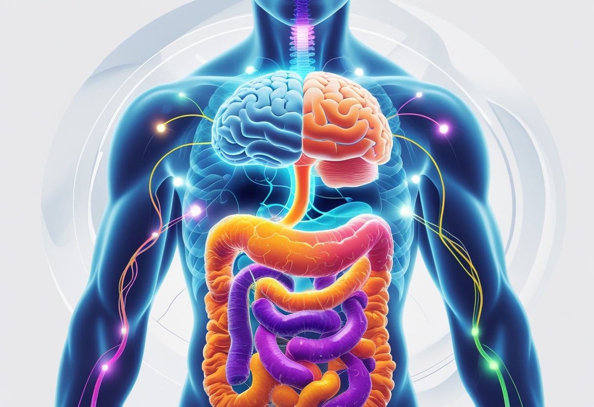A human figure showing the brain connected to the digestive system with glowing pathways, surrounded by various fermented foods.