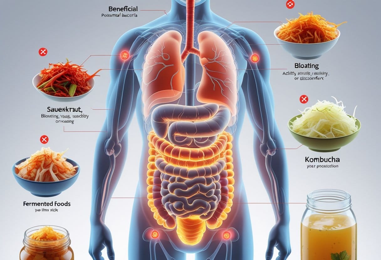A transparent human figure showing internal organs with fermented foods around, illustrating the effects of eating fermented foods daily.