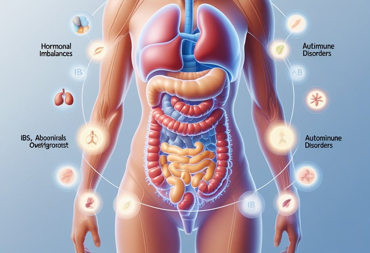 An illustration of a woman showing her digestive system with highlights on the small intestine and surrounding icons representing overlapping health conditions.