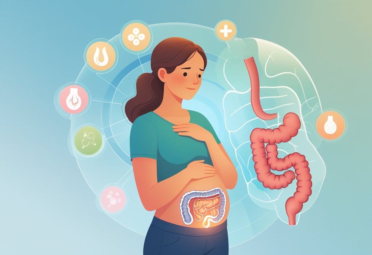 A woman holding her abdomen with a transparent overlay of the digestive system highlighting the small intestine, surrounded by visual icons representing digestive symptoms and health risks.
