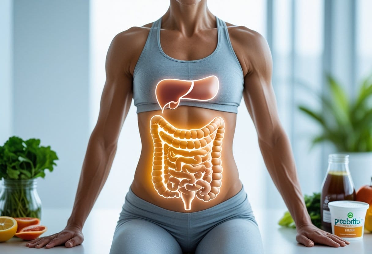 v2-11sg35-hdz9a - Preventive Medicine Daily A healthy adult with a glowing stomach area surrounded by fresh fruits and vegetables, symbolizing gut health and body wellness.