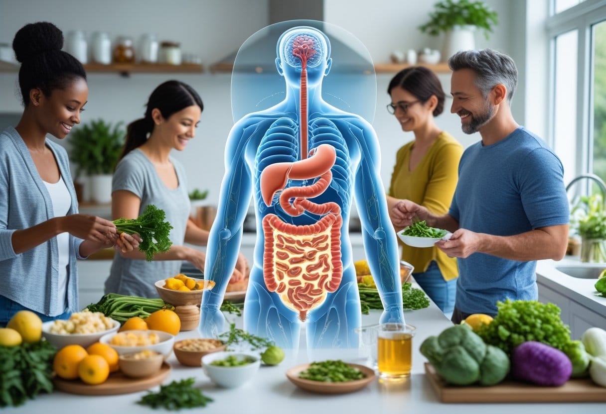 People preparing healthy foods and drinks with a transparent illustration of the human digestive system highlighting the gut area.