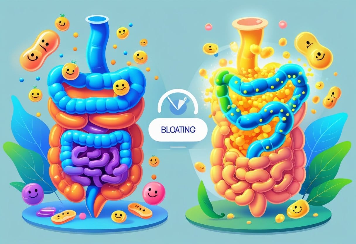An isometric illustration showing friendly probiotic bacteria and glowing digestive enzymes inside a human digestive tract with visual elements indicating relief from bloating.