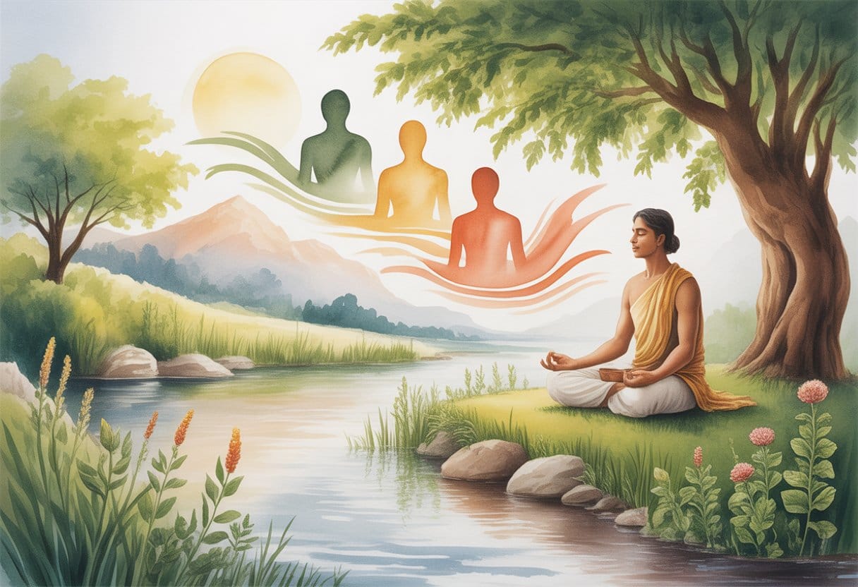 A peaceful natural scene with a person meditating under a large tree by a river surrounded by plants and mountains in the background.