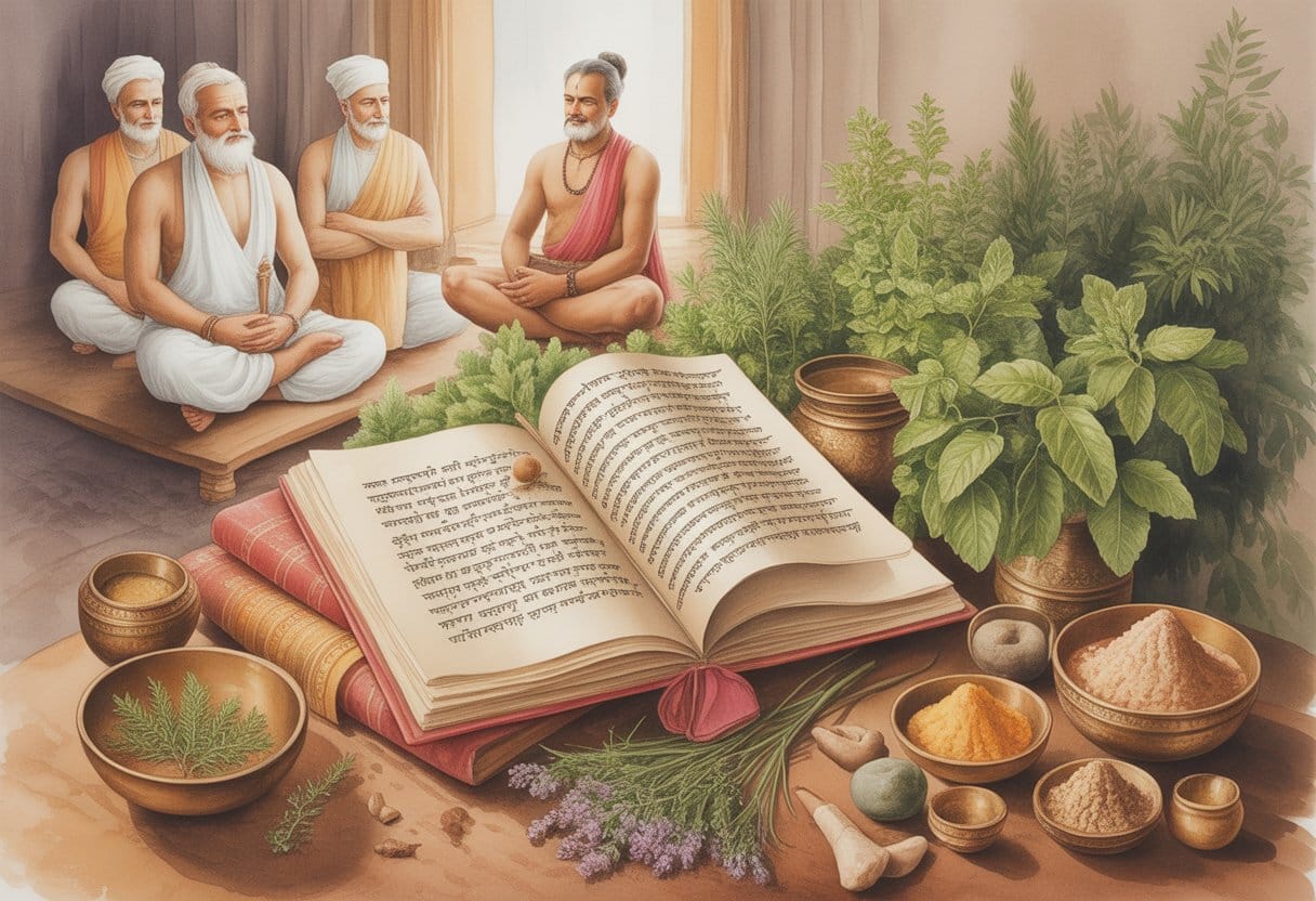 An ancient Indian study with manuscripts, herbs, and figures representing Ayurvedic scholars in traditional robes.