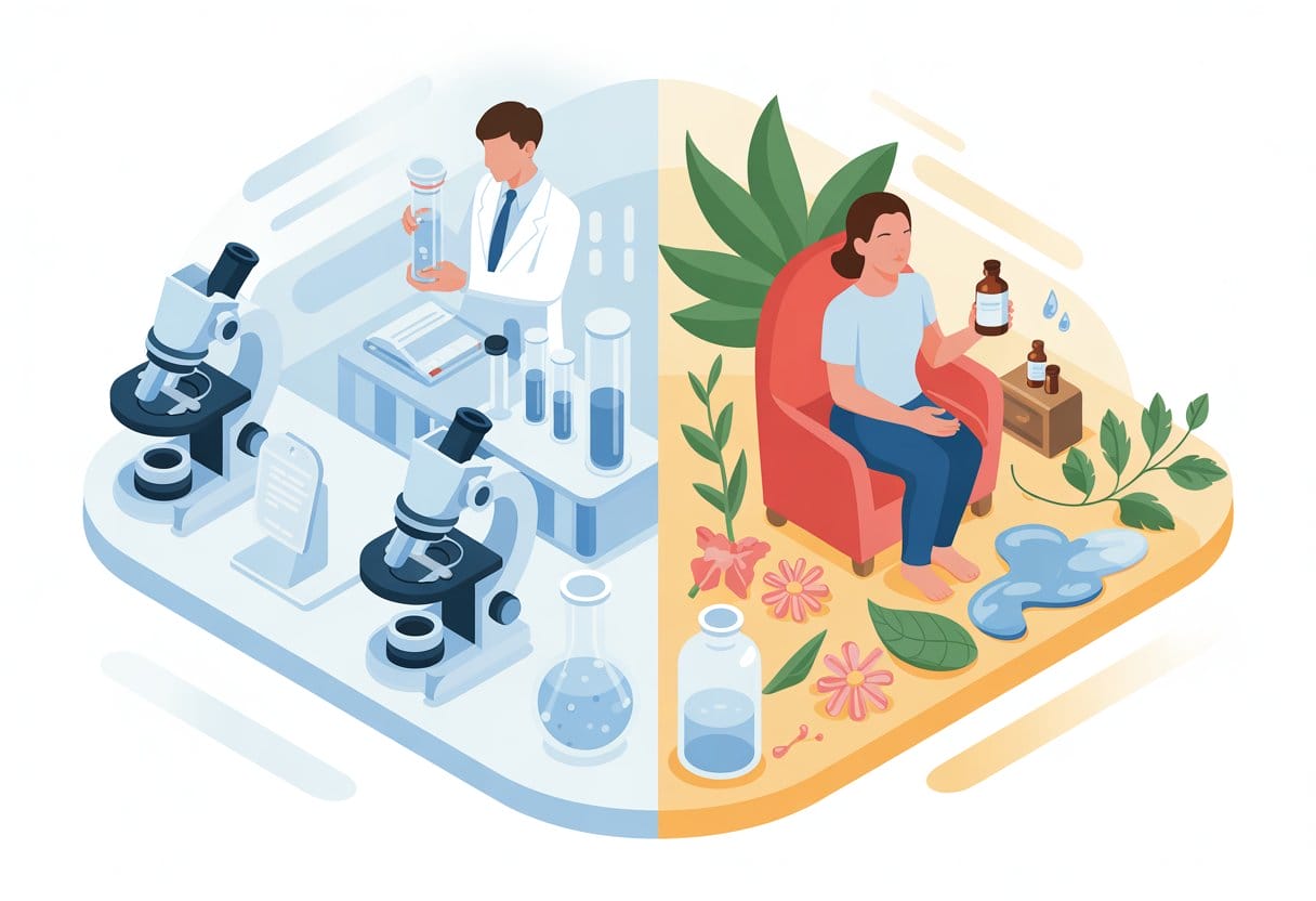 A split scene showing a scientist in a lab with microscopes on one side and a person holding homeopathic remedies surrounded by herbs on the other.