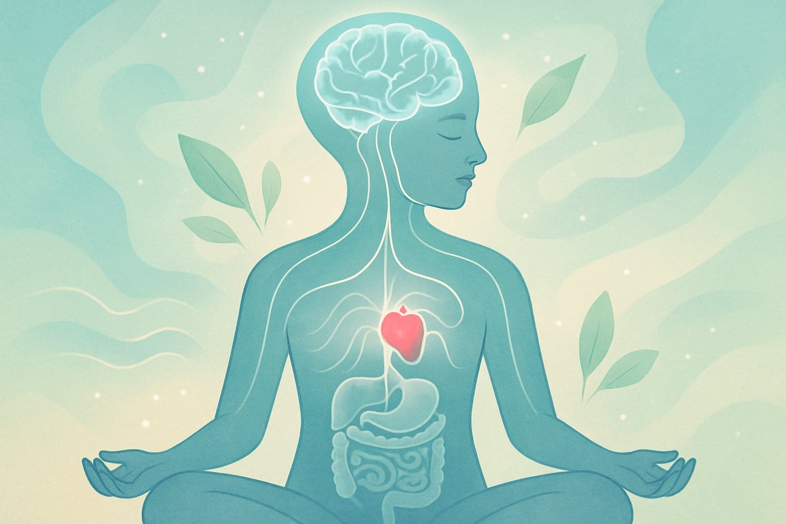A person meditating with glowing connections between their brain, heart, and body surrounded by calming natural elements.