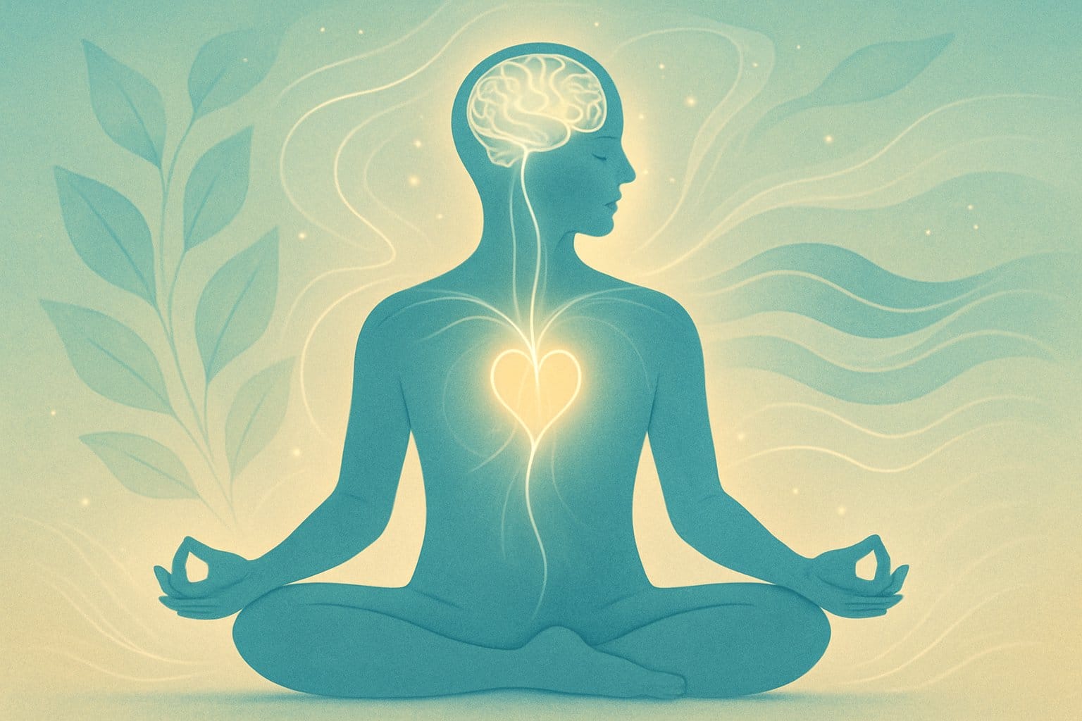 A person sitting in meditation with glowing connections between their brain and heart, surrounded by natural elements symbolizing harmony and healing.