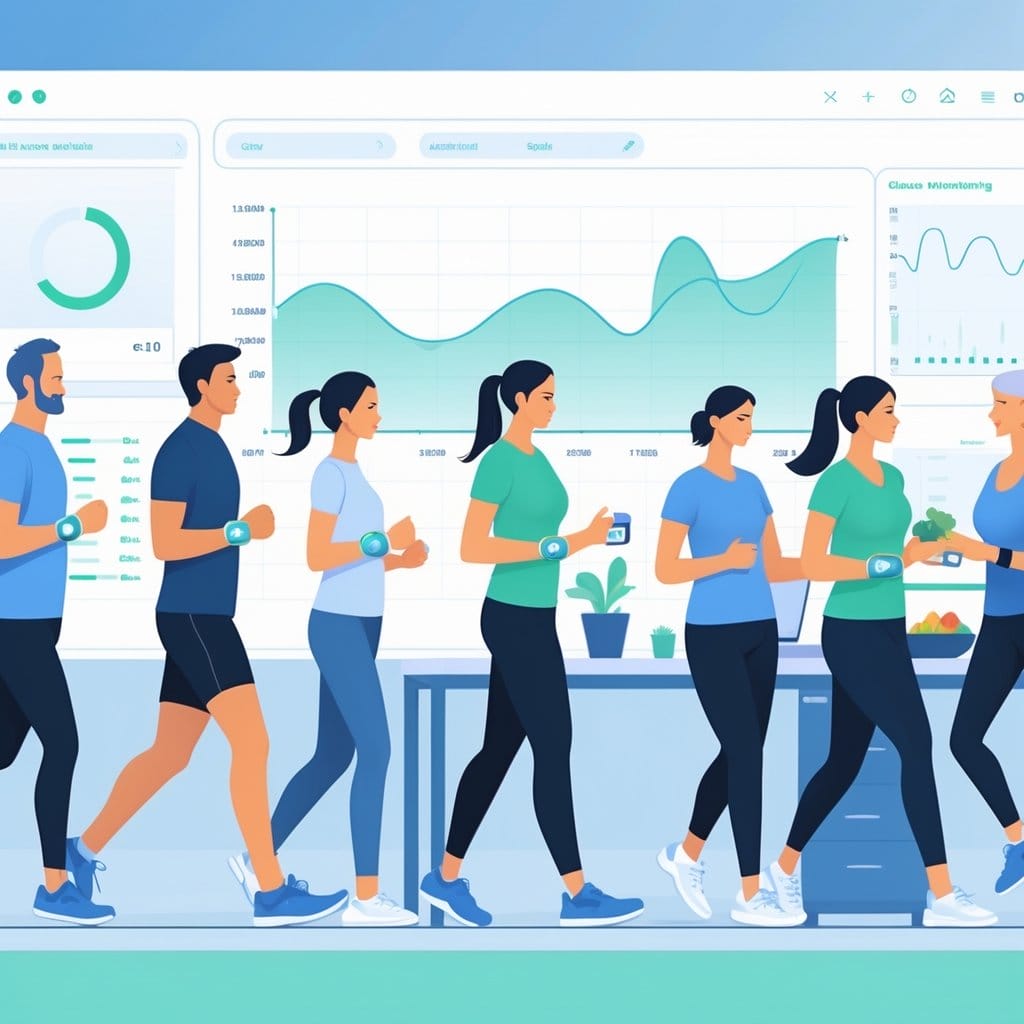 A group of healthy adults wearing glucose monitors while jogging, working, and cooking, with digital glucose data displayed in the background.