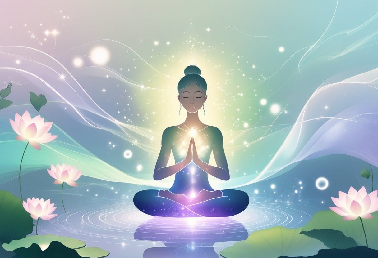 v2-11u86m-xlmas - Preventive Medicine Daily A peaceful person sitting cross-legged with glowing energy radiating from their hands and heart, surrounded by soft waves of light and natural elements like leaves and lotus flowers.